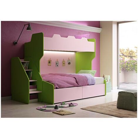Letto a castello posti con terzo letto estraibile e scaletta contenitore  Una piazza e mezza Bianco e Rosso