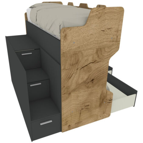 Letto a castello con scala contenitore e terzo letto estraibile - Cameretta salvaspazio - Quercia e basalto