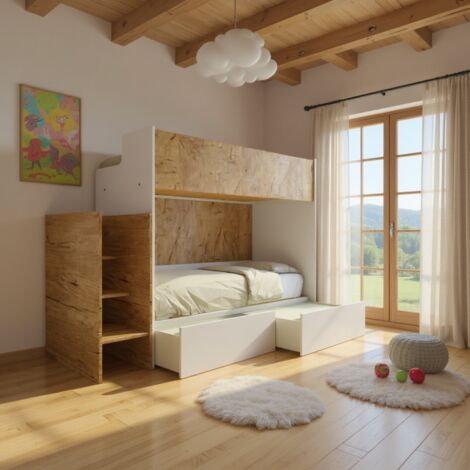 Letto a castello minimalista con terzo letto estraibile - Bianco e Quercia