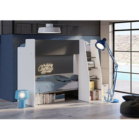 Letto a castello salvaspazio con scaletta frontale - Montaggio facile - Bianco e Salvia