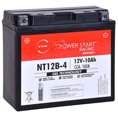 NX – Batterie moto Gel 12V 10Ah – NT12B-4 / YT12B-BS / YT12B-4 – Technologie avancée pour démarrage rapide – Charge rapide recommandée