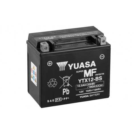 Yuasa – Batterie moto YTX12-BS étanche 12V – Capacité 10Ah – Technologie AGM – Démarrage quad et ATV