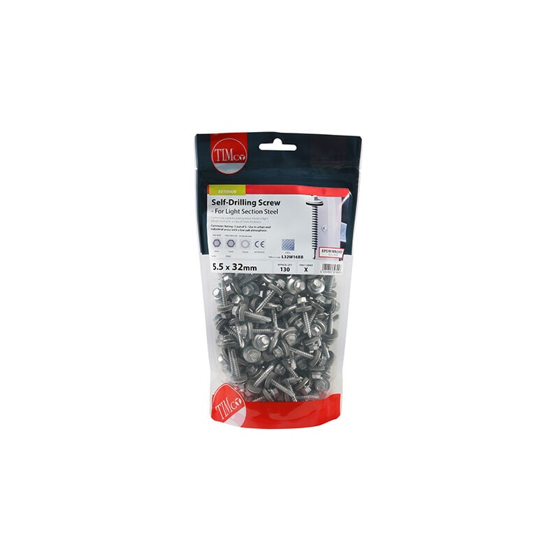 TIMCO Self-Drilling Light Section Screws Exterior Silver with EPDM Washer - 5.5 x 32