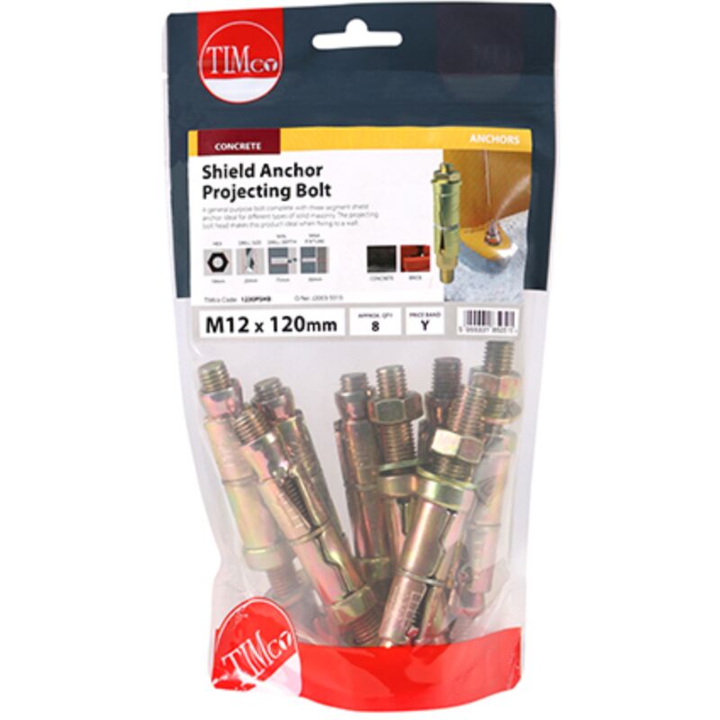 Timco Projecting Bolt Shield Anchors (Yellow) M12 x 120mm (8 Pack Bag)