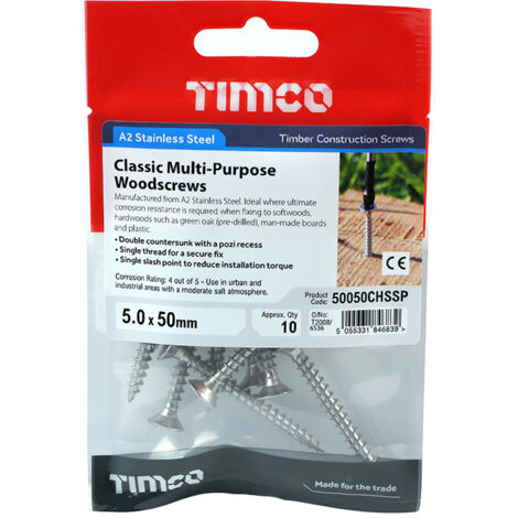 TIMCO Classic Multi-Purpose Countersunk A2 Stainless Steel Woodcrews - 5.0 x 50