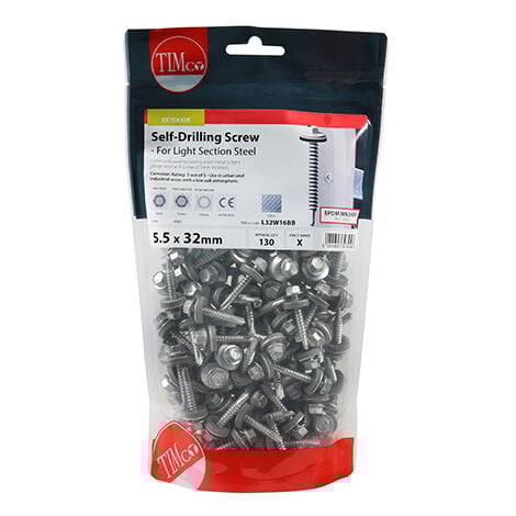 TIMCO Self-Drilling Light Section Screws Exterior Silver with EPDM Washer - 5.5 x 32