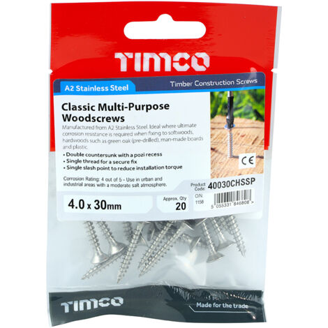TIMCO Classic Multi-Purpose Countersunk A2 Stainless Steel Woodcrews - 4.0 x 30