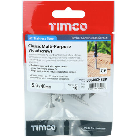 TIMCO Classic Multi-Purpose Countersunk A2 Stainless Steel Woodcrews - 5.0 x 40