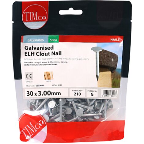 Timco Galvanised Extra Large Head Clout Nails - 3 x 30mm (500g Bag)