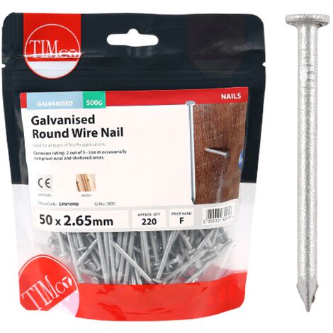 Timco Galvanised Round Wire Nails - 50 x 2.65mm (500g Bag)