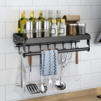 Gewürzregal Wand Küchenhalter ohne Bohren mit 8 Haken Wandmontage Gewürzregal 40x13x13cm Schwarz