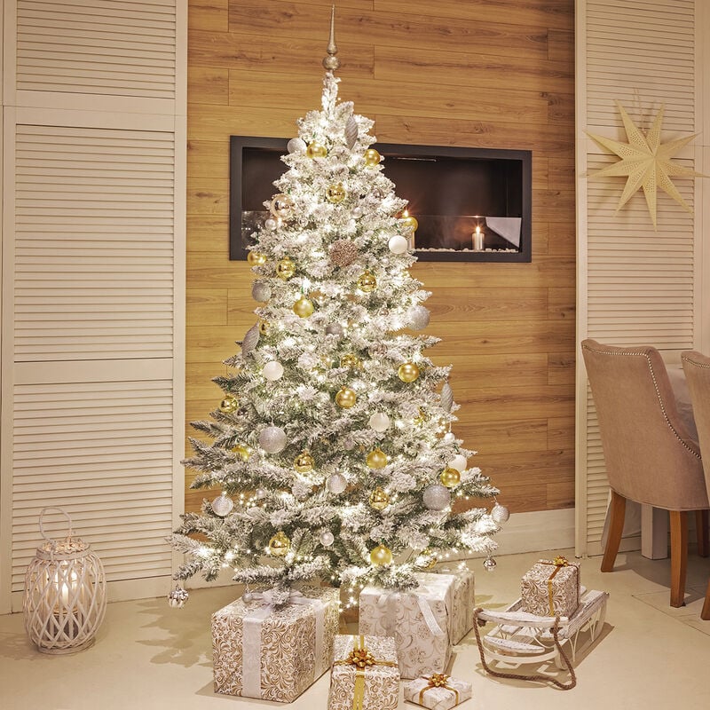 FairyTrees Sapin de Noël Artificiel 180cm NORDMANN, Arbre de Noël avec  Support en Bois, Sapin avec Tronc Vert