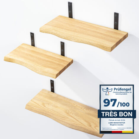 LAMO Manufaktur 2 étagères murales en bois 2x 42cm  Etagère murale en 100% bois massif  Etagère murale pour salon, chambre à coucher  étagères murales SET 4 bord droit Couleur: Noir