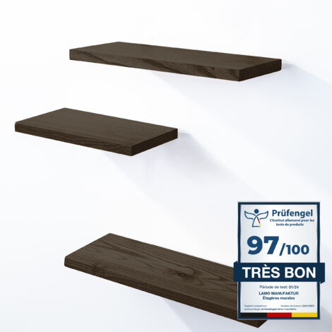 LAMO Manufaktur 3 étagères murale en bois avec fixation invisible 42/36/30cm Etagère murale en 100% bois massif Etagère murale pour salon SET 3 étagères bord droit Couleur: Naturel