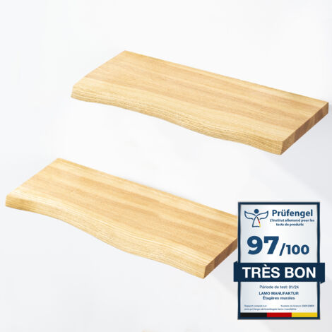 Étagères murales en bois massif 2x 42cm – Fixation invisible – Bord irrégulier – Couleur rustique – Pour salon et rangement décoratif – Lamo Manufaktur