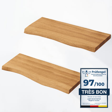Étagères murales en bois massif 2x 42cm – Fixation invisible – Bord irrégulier – Couleur marron noisette – Pour salon et chambre – Lamo Manufaktur