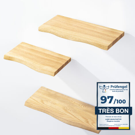 Étagère murale en bois massif 3 étagères 42/36/30cm – Fixation invisible – Style rustique pour salon – Bord irrégulier – Lamo Manufaktur
