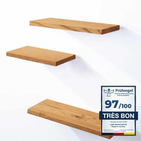 Étagère murale en bois massif 3 étagères – Fixation invisible – Dimensions 42/36/30cm – Couleur noir – Pour salon, chambre, cuisine – Lamo Manufaktur