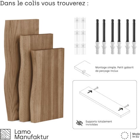 LAMO Manufaktur 3 étagères murale en bois avec fixation invisible 42/36/30cm  Etagère murale en 100% bois massif  Etagère murale pour salon  SET 1 étagères bord irrégulier Couleur: Foncé