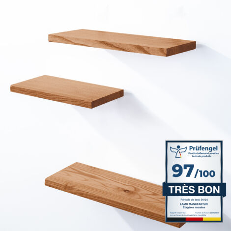 Étagères murales en bois massif 3 pièces – Fixation invisible – Dimensions 42/36/30 cm – Design rustique à bord droit – Lamo Manufaktur