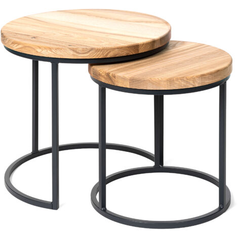 LAMO Manufaktur Table basse gigogne en bois rond - lot de 2 pièces - Table d'appoint bout de canapé pour salon, chambre à coucher - Tables basses industrielles - Couleur : naturel, pieds : anthracite (1/5)
