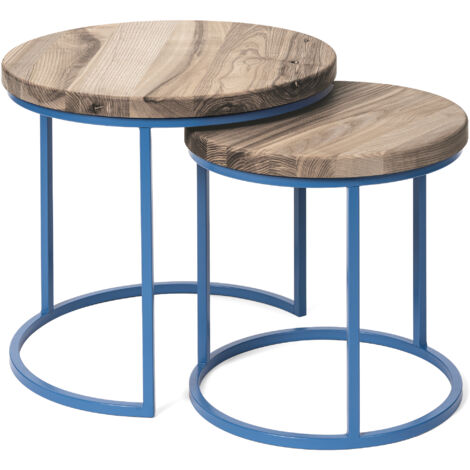 LAMO Manufaktur Table basse gigogne en bois - lot de 2 pièces - Table d'appoint bout de canapé pour salon, chambre à coucher - Tables basses industrielles - Couleur : marron noisette, pieds : bleu (1/5)