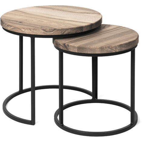 LAMO Manufaktur Table basse gigogne en bois - lot de 2 pièces - Table d'appoint bout de canapé pour salon, chambre à coucher - Tables basses industrielles - Couleur : marron noisette, pieds : noir (1/5)