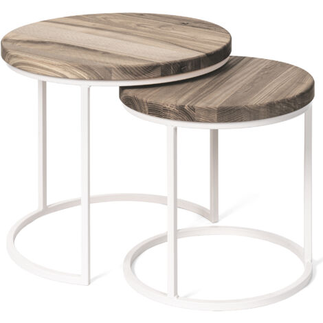 LAMO Manufaktur Table basse gigogne en bois - lot de 2 pièces - Table d'appoint bout de canapé pour salon, chambre à coucher - Tables basses industrielles - Couleur : marron noisette, pieds : ivoire (1/5)
