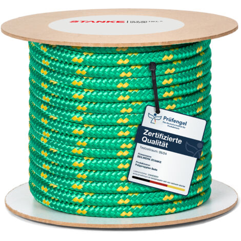Seilwerk STANKE Corde polypropylène verte avec fils marqueurs jaunes 12mm 5 m - Corde à linge extérieur, pour attacher la tente - Cordeau pour le jardin extérieur, la pêche, la survie (1/5)