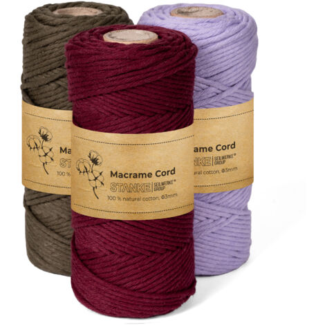 STANKE Set fil macramé 3mm 3x100 m - couleurs : Bordeaux, Vert olive, Violet - fil de coton pour crochet, DIY, paniers, attrape-rêves - corde coton pour dessous de verre, sacs - 100% cotton, torsadé
