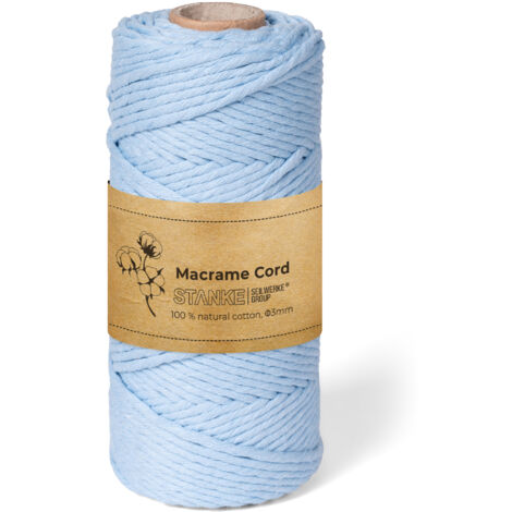 STANKE Fil macramé 3mm 100 m couleur Bleu clair - fil de coton pour crochet, DIY boho, paniers, attrape-rêves - corde coton pour guirlandes, dessous de verre, sacs - 100% cotton, torsadé, doux