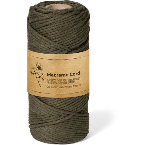 STANKE Fil macramé 3mm 100 m couleur Vert olive - fil de coton pour crochet, DIY boho, paniers, attrape-rêves - corde coton pour guirlandes, dessous de verre, sacs - 100% cotton, torsadé, doux