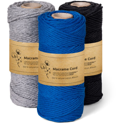 STANKE Set fil macramé 3mm 3x100 m - couleurs : Noir, Bleu, Gris - fil de coton pour crochet, DIY boho, paniers, attrape-rêves - corde coton pour dessous de verre, sacs - 100% cotton, torsadé, doux