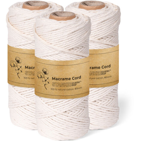 STANKE Set fil macramé 3mm 3x100 m - couleur : Naturel - fil de coton pour crochet, DIY boho, paniers, attrape-rêves - corde coton pour guirlandes, dessous de verre, sacs - 100% cotton, torsadé, doux