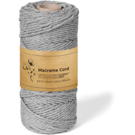 STANKE Fil macramé 3mm 100 m couleur Gris - fil de coton pour crochet, DIY boho, paniers, attrape-rêves - corde coton pour guirlandes, dessous de verre, sacs 100% cotton, torsadé, doux, grande bobine
