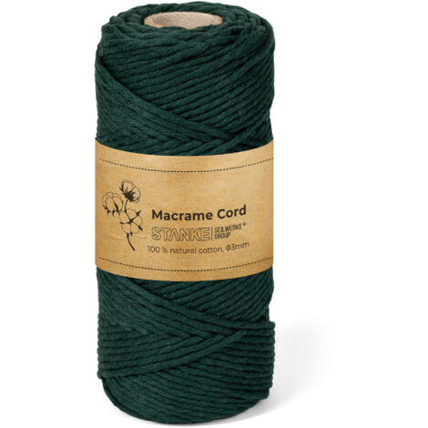 STANKE Fil macramé 3mm 100 m couleur Vert - fil de coton pour crochet, DIY boho, paniers, attrape-rêves - corde coton pour guirlandes, dessous de verre, sacs 100% cotton, torsadé, doux, grande bobine