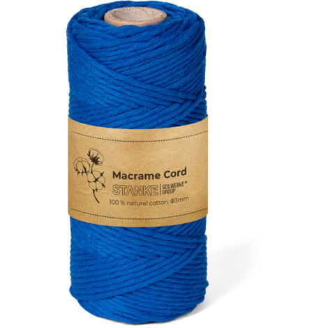 STANKE Fil macramé 3mm 100 m couleur Bleu - fil de coton pour crochet, DIY boho, paniers, attrape-rêves - corde coton pour guirlandes, dessous de verre, sacs 100% cotton, torsadé, doux, grande bobine