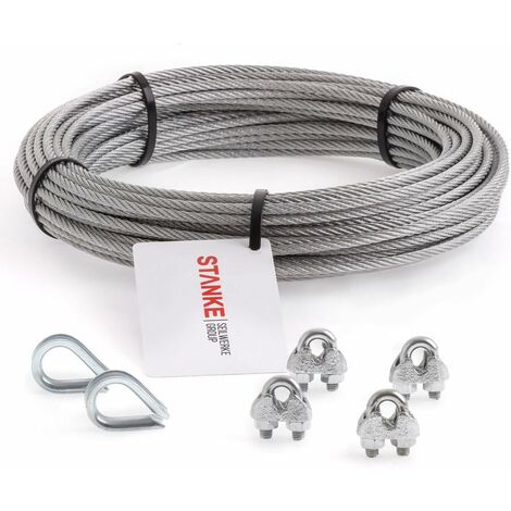 Seilwerk STANKE Câble d’acier galvanisé 100m diamètre 5mm 6x7, 8x Cosse-cèur, 16x Serre-câble è étrier - SET 3