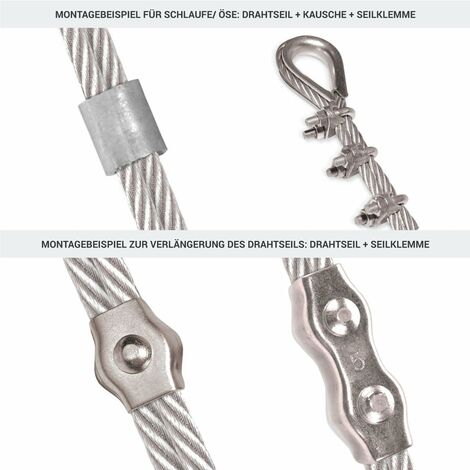 Seilwerk STANKE Câble d’acier galvanisé 10m diamètre 3mm 6x7, 4x Cosse-cèur, 8x Serre-câble è étrier - SET 2