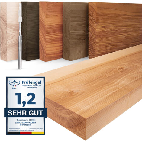 LAMO Manufaktur Étagère murale en bois massif, bord régulier droit, étagère flottante montage INVISIBLE Naturel 90cm, LWG-01-A-002-90W