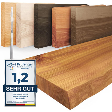 LAMO Manufaktur Étagère murale en bois massif, bord irrégulier, étagère flottante montage INVISIBLE Rustique 90cm, LW-01-A-003-90W (1/5)