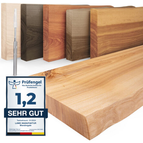 LAMO Manufaktur Étagère murale en bois massif, bord irrégulier, étagère flottante montage INVISIBLE Naturel 140cm, LW-01-A-002-140W