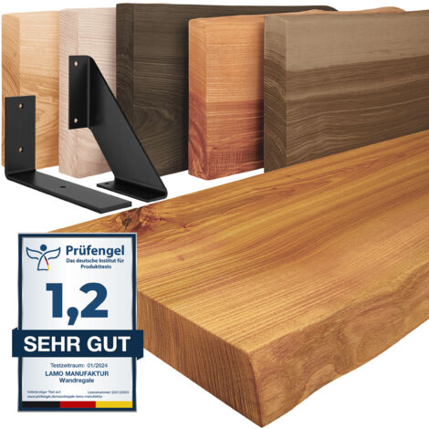 LAMO Manufaktur étagère murale en bois massif, irrégulier, étagère de rangement Basic, bois rustique / équerre blanche 90cm, LW-01-A-003-90LW