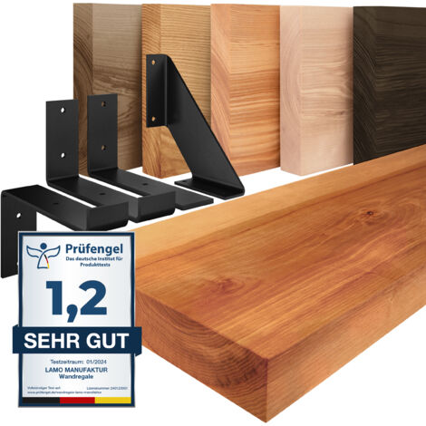 LAMO Manufaktur étagère murale en bois massif, bord régulier, étagère de rangement Original, bois foncé / équerre noire 40cm, LWG-01-A-004-40ZS