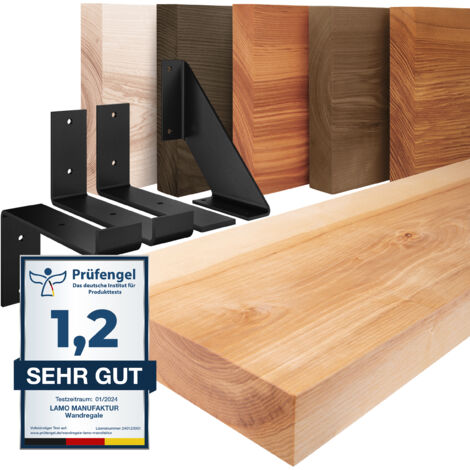 LAMO Manufaktur étagère murale en bois massif, bord régulier, étagère de rangement Original, bois naturel / équerre noire 70cm, LWG-01-A-002-70ZS