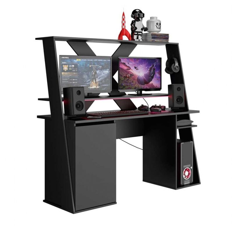 HOMCOM Mesa Gaming 120x66x76 cm con Luz LED RGB y Control Remoto Escritorio  Gaming Desk con Portavasos Gancho para Auriculares Soporte para Mandos  Gamepad Fibra de Carbono Negro y Rojo