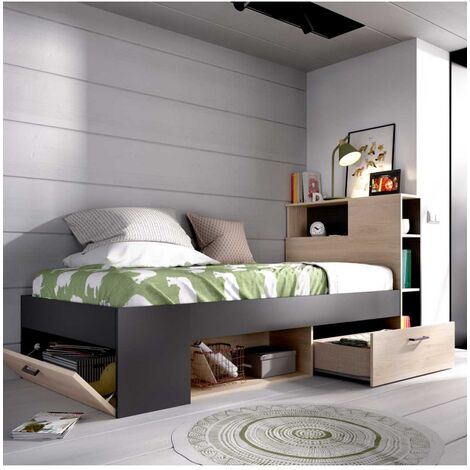 CAMA CON CAJONES Y ESTANTES MEMORY - Grafito / Natural