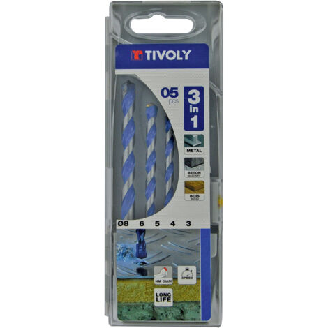Tivoly • Coffret 5 forets 3en1 multi-materiaux Ø 3 à 8mm (1/3)