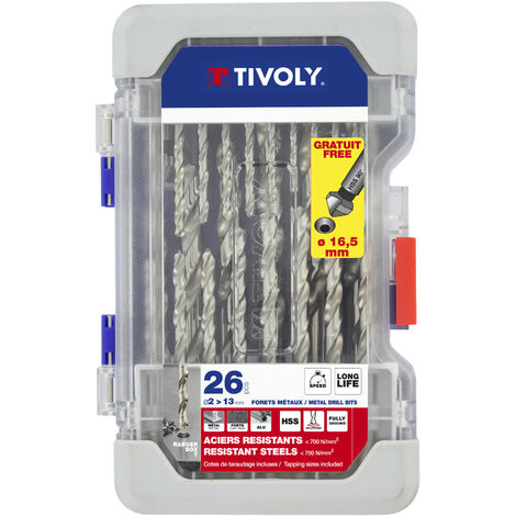 Tivoly • Coffret Ranger 26 pièces -25 forets métaux HSS taillés meulés pointe en croix Ø 2 à 13mm + 1 fraise à noyer HSS Ø 16,5mm 