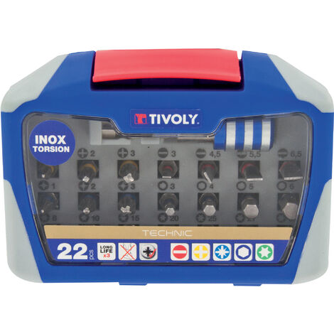 Tivoly • Coffret d'Embouts de Vissage Inox Torsion 22 pièces • 21 Embouts de Vissage + 1 Porte-Embout Magnétique Quick Change • Attache Hexagonale Ø6,35mm
